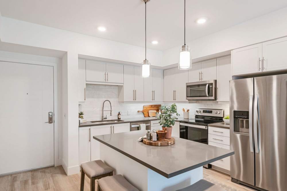 Kitchen with modern appliances at at Palmera in Doral, Florida
